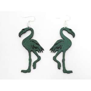  Kelly Green Flamingo Bird Wooden Earrings GTJ Jewelry