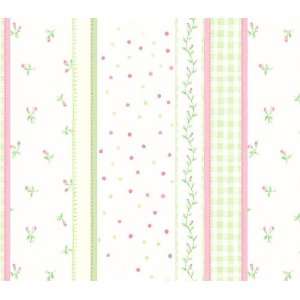 Green and Pink Floral Stripe Wallpaper 
