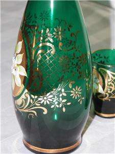 Bohemian or Italian Enamel Green Glass Gold Liquor Set  