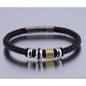   Collection   Black Braided Leather Bracelet with Gold/Silver Inserts