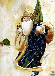 Primitive Santa Claus Snow Christmas Painting  