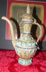 Egyptian Scarab and beaded covered brass tea pot  