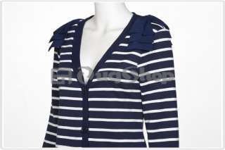 Celebrity Knitted Blue White Stripes V Neck Cardigan Sweater  