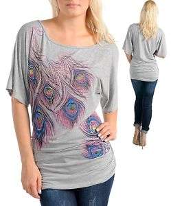 Womens top Tunic foil peacock feathers ruched XL 2X 3X  