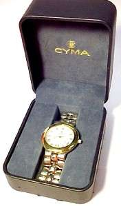 Cyma ~ 14KT Solid Gold Mens Quartz Wristwatch w/ Date; Original Box 