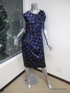 Phillip Lim Navy Blue/Gold Flower Print Gathered Waist Dress 8 