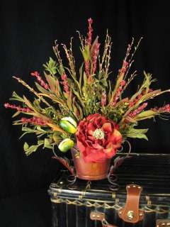 Tuscan Silk Red Peony Flower In Oval Compote Floral Arrangement  