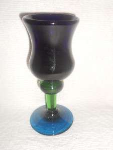 VINTAGE HEAVY COBALT BLUE GLASS GOBLET W/GREEN BALL STEM  