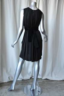 CHLOE Black Pleated Jersey Dress+Velvet Sash Belt LBD S  