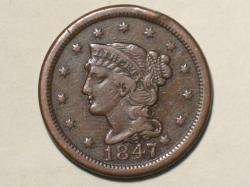 1847 BRAIDED HAIR LARGE CENT   OLD COPPER US PENNY TYPE COIN  