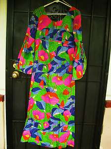   ALFRED SHAHEEN HAWAII MAXI DRESS BRIGHT POPPIES COTTON BELL SLEEVES M