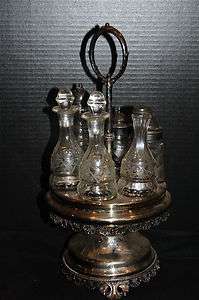 VICTORIAN 6pcs.CASTOR SET CONDIMENT SILVERPLATED TURNABLE STAND, LARGE 