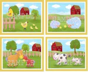 SET /4 FARM ANIMALS BARNYARD ART FOR KIDSLINE BEDDING  