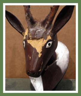 Large Old Primitive Folk Art Carved Wood Deer Taxidermy  