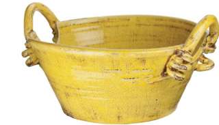 Hand Thrown Ceramic Glazed Bowl Handles Bright Yellow  