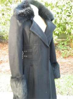 BEBE JACKET coat WOOL black lace FAUX FUR BELTED 186495 long  