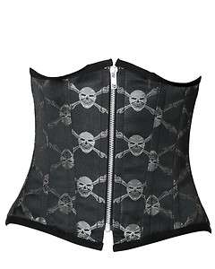 Black Corset Skull Crossbones Gothic Emo Steel Boned Underbust Waist 