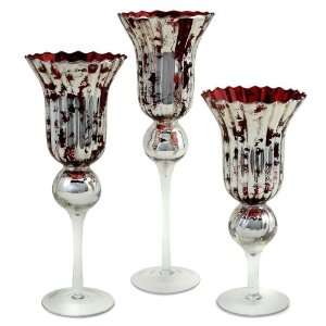  IMAX Set Of 3 Tall Red Candleholders Faux Silver Leaf 