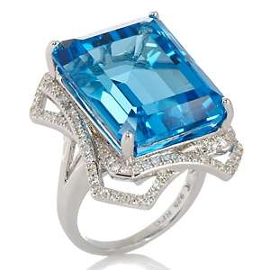   Blue Topaz and Diamond Sterling Silver Emerald Cut Ring 