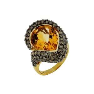  Ladies Brown Diamond & Citrine Ring in 14K Yellow Gold 