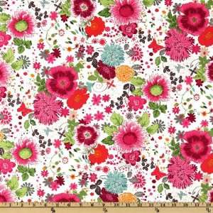 44 Wide Flower Power Floral Explosion White/Pink Fabric 