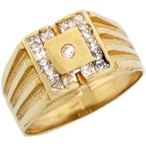   Yellow Gold Mens Ring Round Center Stone with Square Cut Halo Jewelry