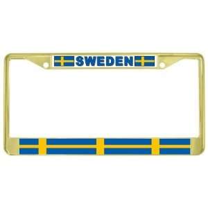   Swedish Flag Gold Tone Metal License Plate Frame Holder Automotive