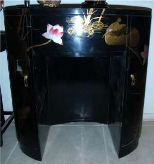 Gorgeous Black Lacquer Asian Lotus Blossom Hand Painted Large 3 Drawer 