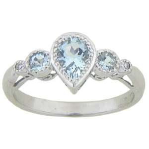   Gold Pear Shaped Aquamarine 3 Stone Ring with Diamond Accent, Size 9