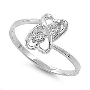925 Sterling Silver Double Heart Ring with Clear CZ Stones   Size 4