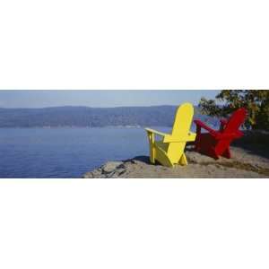 Red and Yellow Adirondack Chairs Near a Lake, Champlain Lake, Vermont 