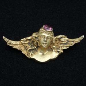 Art Nouveau Lady Angel Wing Pin Vintage Silver Amethyst  