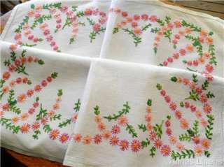 Vintage Linen Tablecloth Hand Embroidered Pink Flowers  