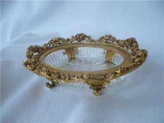 Vintage Stylebuilt Trinket Soap Dish Oval Gold ROSES Footed Glass 