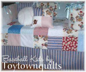 Vintage Baseball kids baby boy crib quilt bedding blue  
