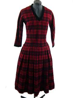 Fabulous Vintage 50s Black & Red Plaid Drop waist Rockabilly Dress 