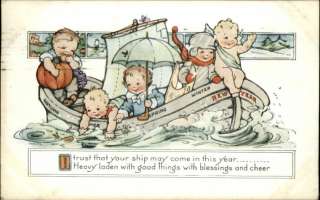 NEW YEAR Children in Toy Boat w Baby Angel c1910 Postcard  