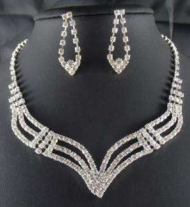   Bridal Bridesmaid crystal necklace earring Sliver Jewelry set TL0352