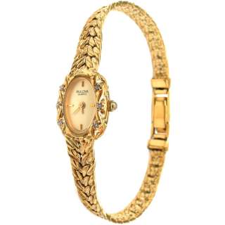 bulova ladies watch gold tone dial index hour marker hands fixed bezel 