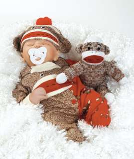 Sock Monkey Business, 16 Inch Lifelike Baby Doll in Vinyl (Weighted 