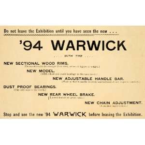 1894 Ad Warwick Bicycle Brake Wheel Exhibition Rims   Original Print 