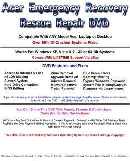 ACER EMERGENCY RECOVERY CD   WINDOWS XP/VISTA/7   DONT PAY $10 OR 