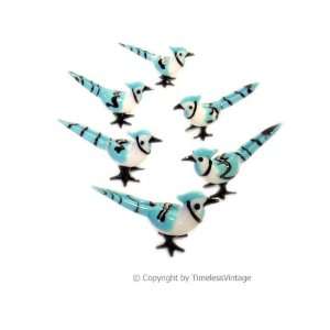  6 Hand Blown Art Glass Blue Jays Birds Figurines