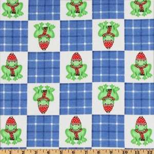 CHRISTMAS FROG CHECKERS BLUE/WHITE FLANNEL FABRIC  