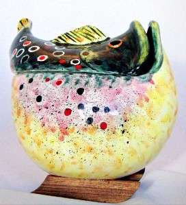 Fish Cookie Jar Candy Container Colorful Art Ceramic 7 NEW  