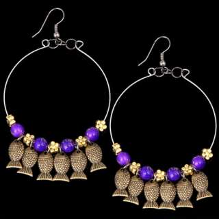 Tibet Purple agate copper fish dangle hoop/loop earring  