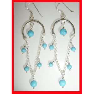  Turquoise Bead & Chain Hoop Earrings S/Silver #0646 Arts 