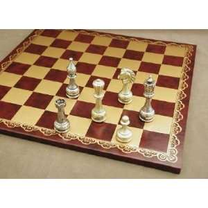   Chess Set & Burgundy and Gold Leather Chess Board 