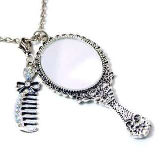 Hand Mirror LONG Necklace Comb Beauty Crystal AB Silver Tone FREE SHIP 