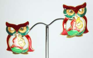   Colorful Cloisonne Enamel Red Green Owl Stud Earrings Fashion Jewelry
